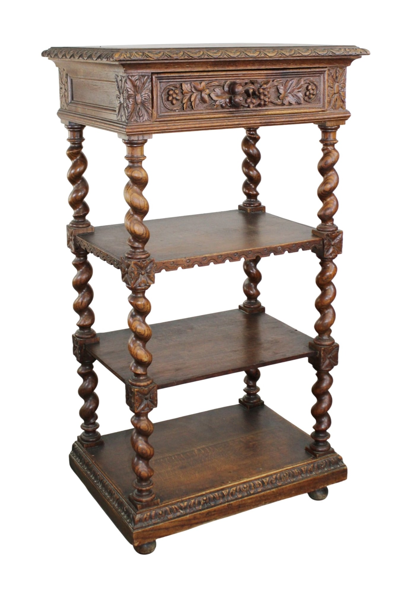 French oak tiered side table plant stand with barley twist supports: French oak tiered side table plant stand with barley twist supports. Single drawer. Late 19th century. 46 1/4"h x 25"w x 17 1/2"w