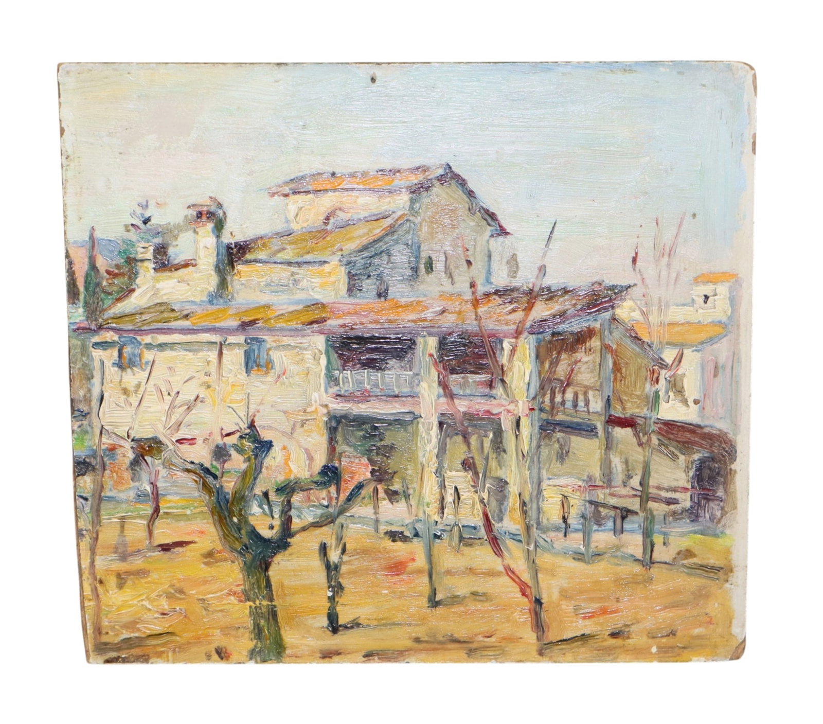 French miniature oil on artist board painting village with houses: French miniature oil on artist board painting village with houses. Apparently unsigned. Unframed. Early 20th century. 6 1/8"h x 6 7/8"w Weight: less than 1lbs
