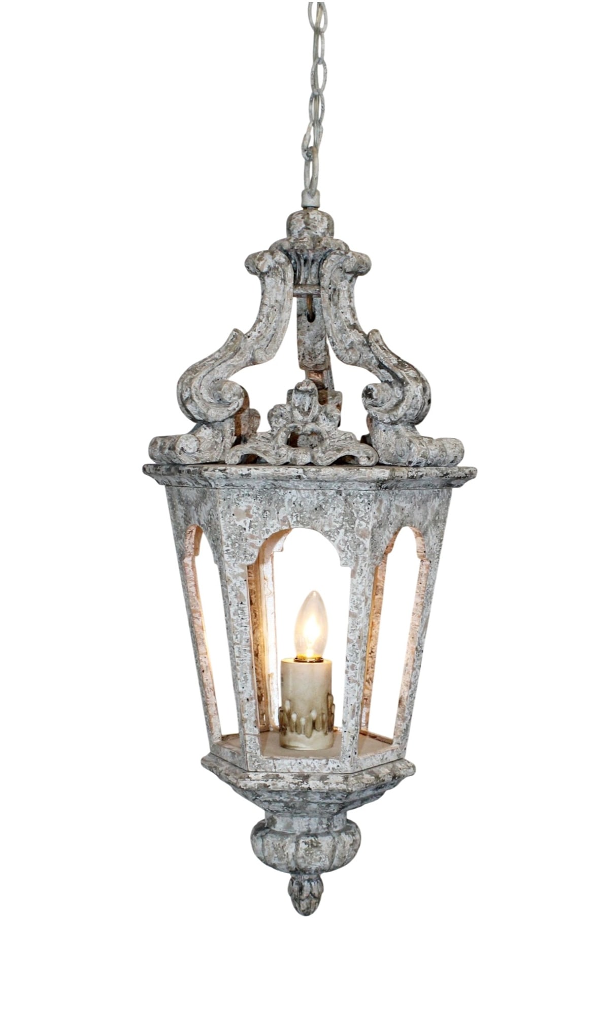 Aidan Gray Eda Pendant Light in Silver, Cathedral chipped white distressed finish: Aidan Gray Eda Pendant Light in Silver, Cathedral chipped white distressed finish. 33"h x 12"dia