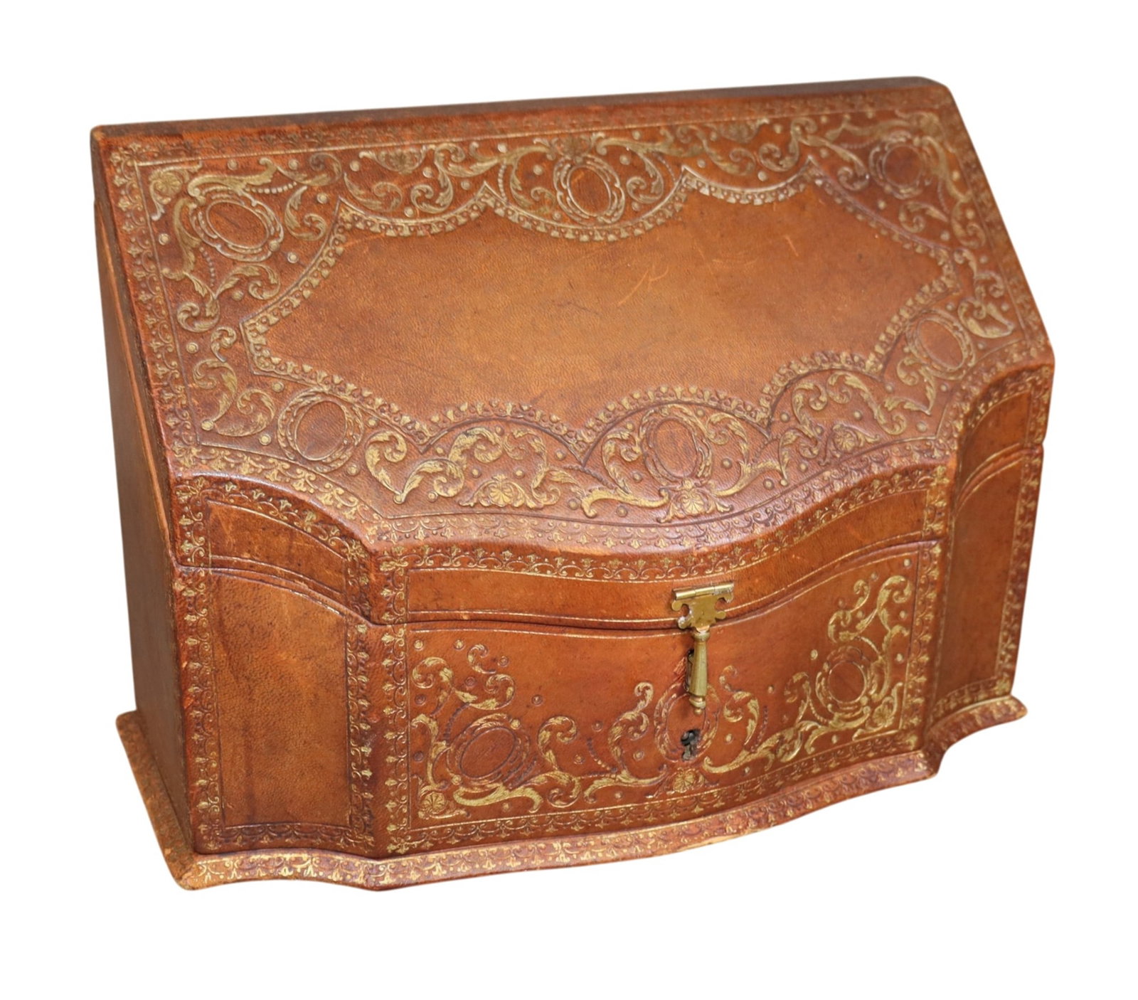 French gilt embossed leather letter box: French gilt embossed leather letter box. Early 20th century, 8 1/2"h x 12 1/4"w x 5 3/4"d. Weight: 2lbs