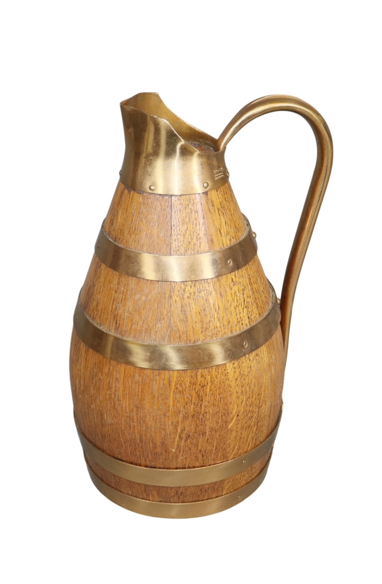 French Gerard Lafitte miniature oak wine pitcher with brass bands: French Gerard Lafitte miniature oak wine pitcher with brass bands. 9 3/4"h x 5 1/4"dia Weight: 1lb