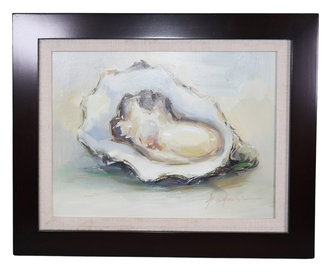 Oil on canvas painting of oyster signed R. Simonini: Oil on canvas painting of oyster signed R. Simonini. Ray Simonini (1981 - ) Overall: 17"h x 21"w Sight: 12"h x 16"w Weight: 4lbs
