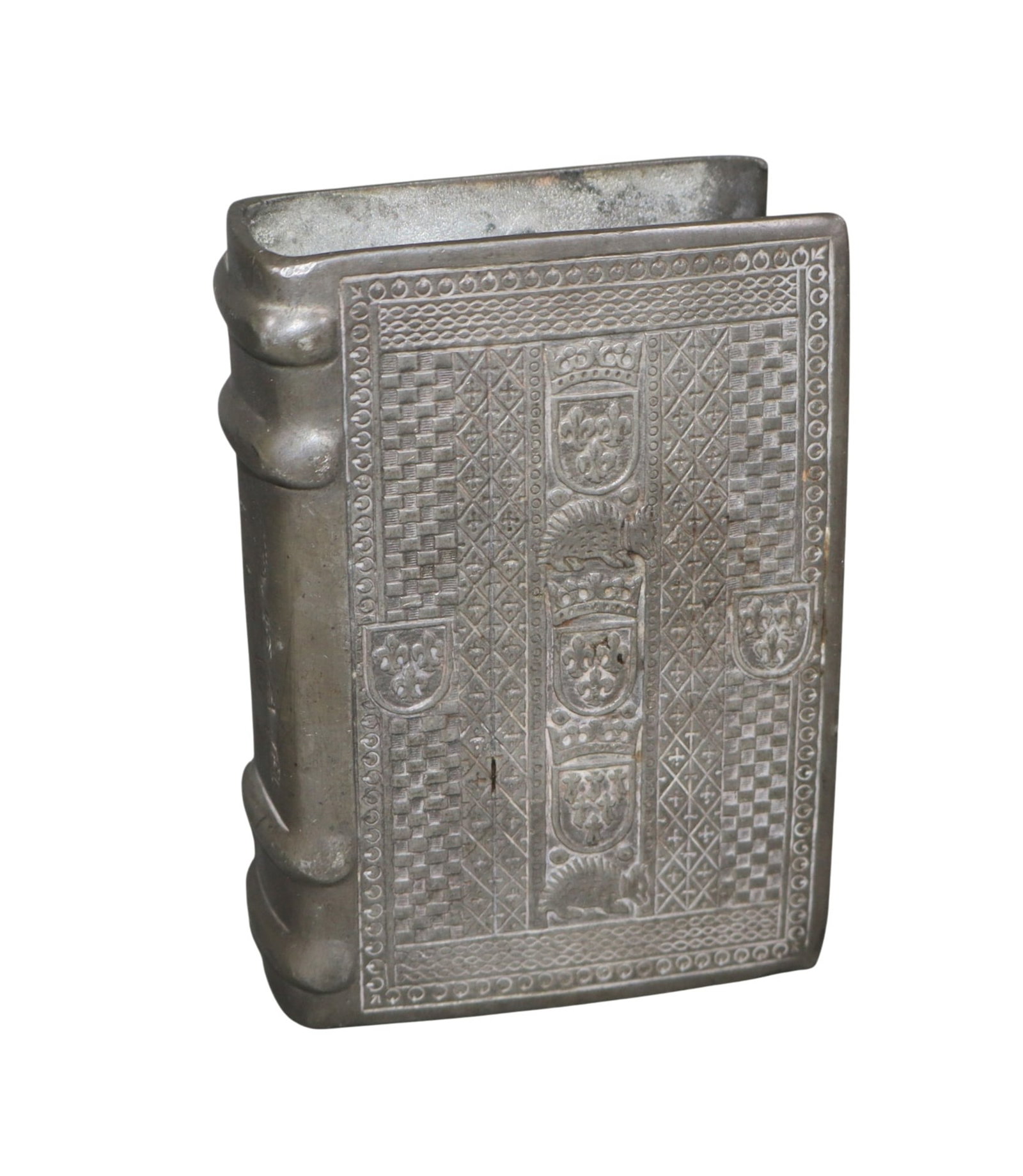 French 19th century pewter bible cover with hallmarks: French pewter bible cover with hallmarks. 19th century. 4 3/8"h x 3"d. Weight: less than 1lb