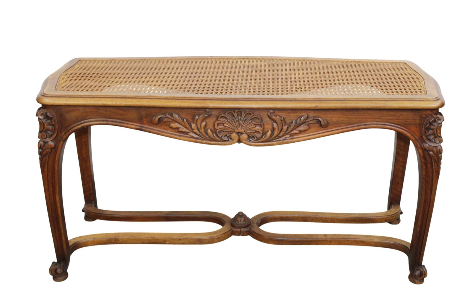 French Louis XV carved walnut bench with cane seat: French Louis XV carved walnut bench with cane seat. Early 20th century. 19 1/2"h x 39 1/2"w x 15 1/2"d