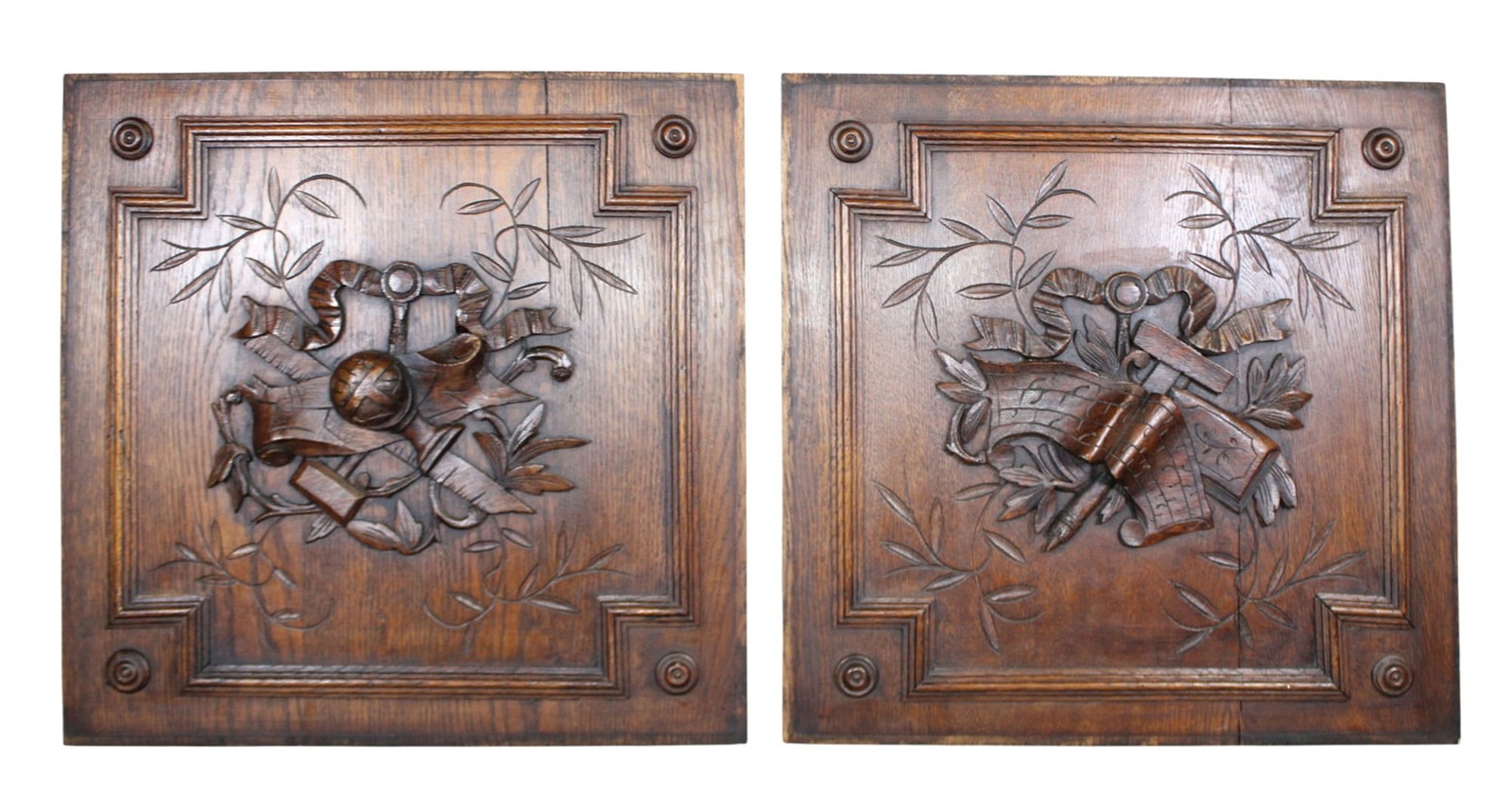 Pair of French relief carved oak panels with musical motifs: Pair of French relief carved oak panels with musical motifs. Late 19th century. 21 1/2"h x 21 5/8"w x 1 1/2"d Weight: 5lbs total