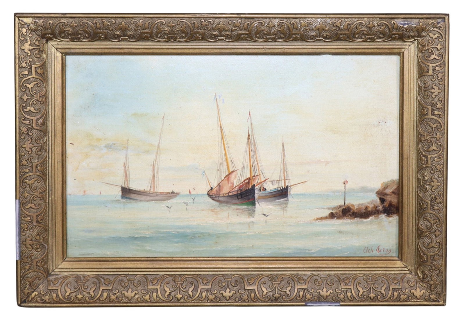 Continental petite oil on tin seascape painting of sailboats: Continental petite oil on tin seascape painting of sailboats. Signed l/r. Early 20th century. Overall: 9 1/4"h x 13 1/4"w Sight: 6 5/8"h x 10 1/2"w Weight: 1lb