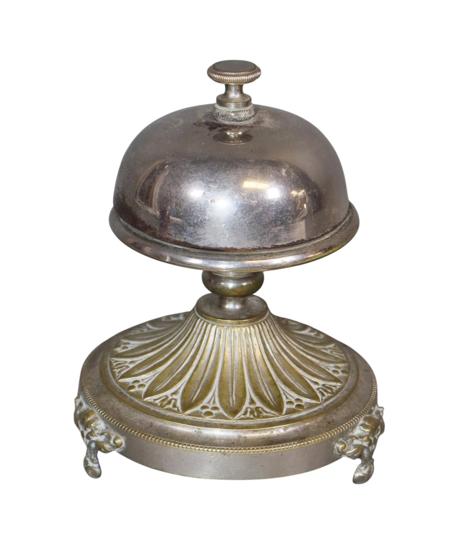 French Art Nouveau silver over brass hotel bell: French Art Nouveau silver over brass hotel bell. Early 20th century. 4 5/8"h x 3 1/2"dia. Weight: 1lb