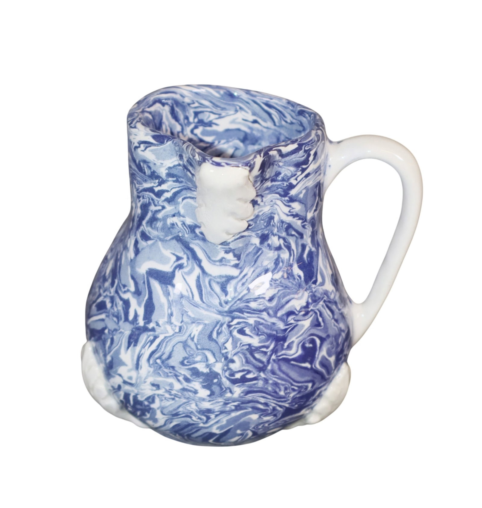 French Atelier Savalli blue & white Aptware small milk pitcher: French Atelier Savalli blue & white Aptware small milk pitcher. Signed JC Savalli Apt. 4 3/4"h x 4 1/2"w x 4"d. Weight: 1lbs