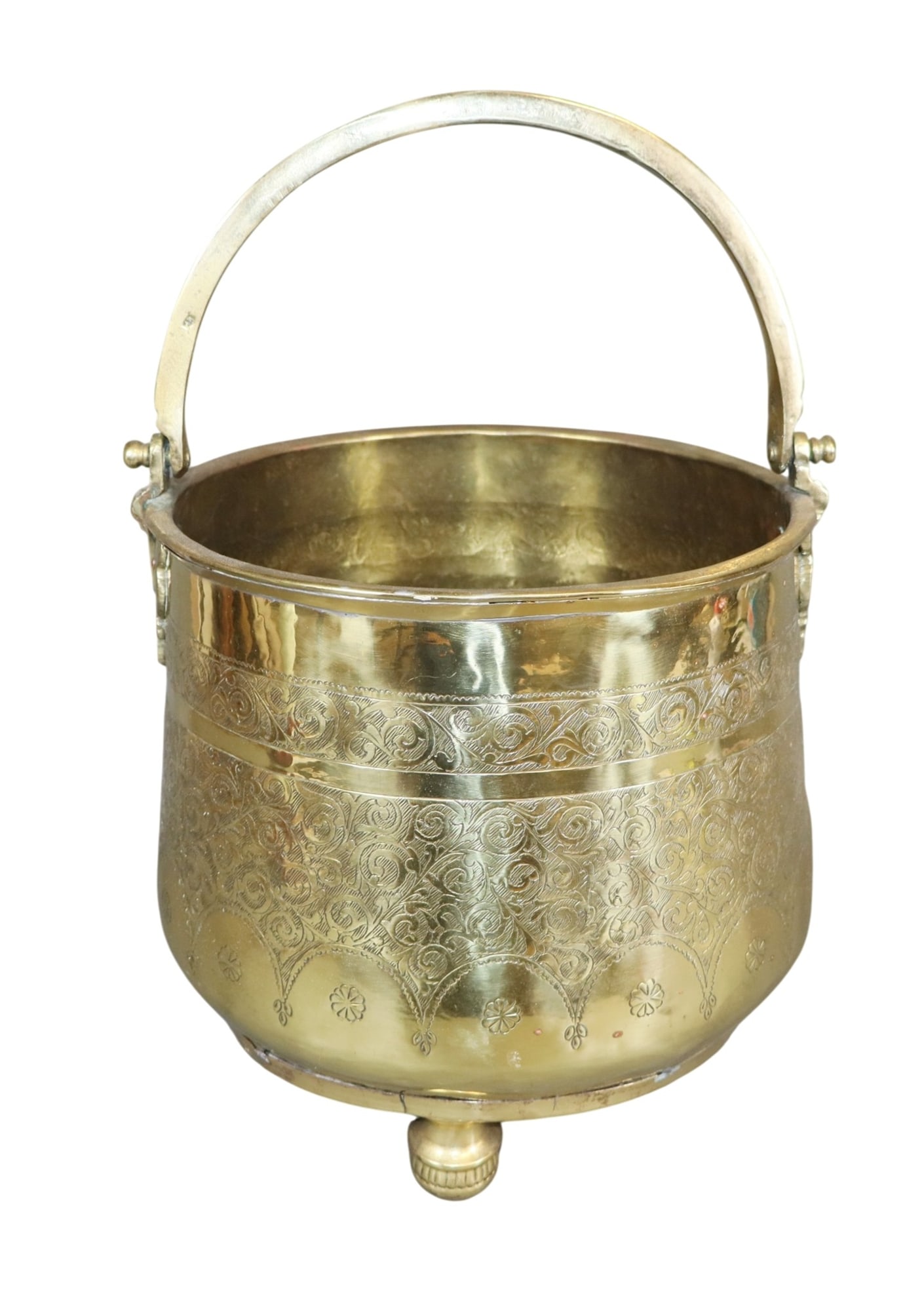Embossed brass bucket on feet with scrollwork and floral motif (1 of 9)