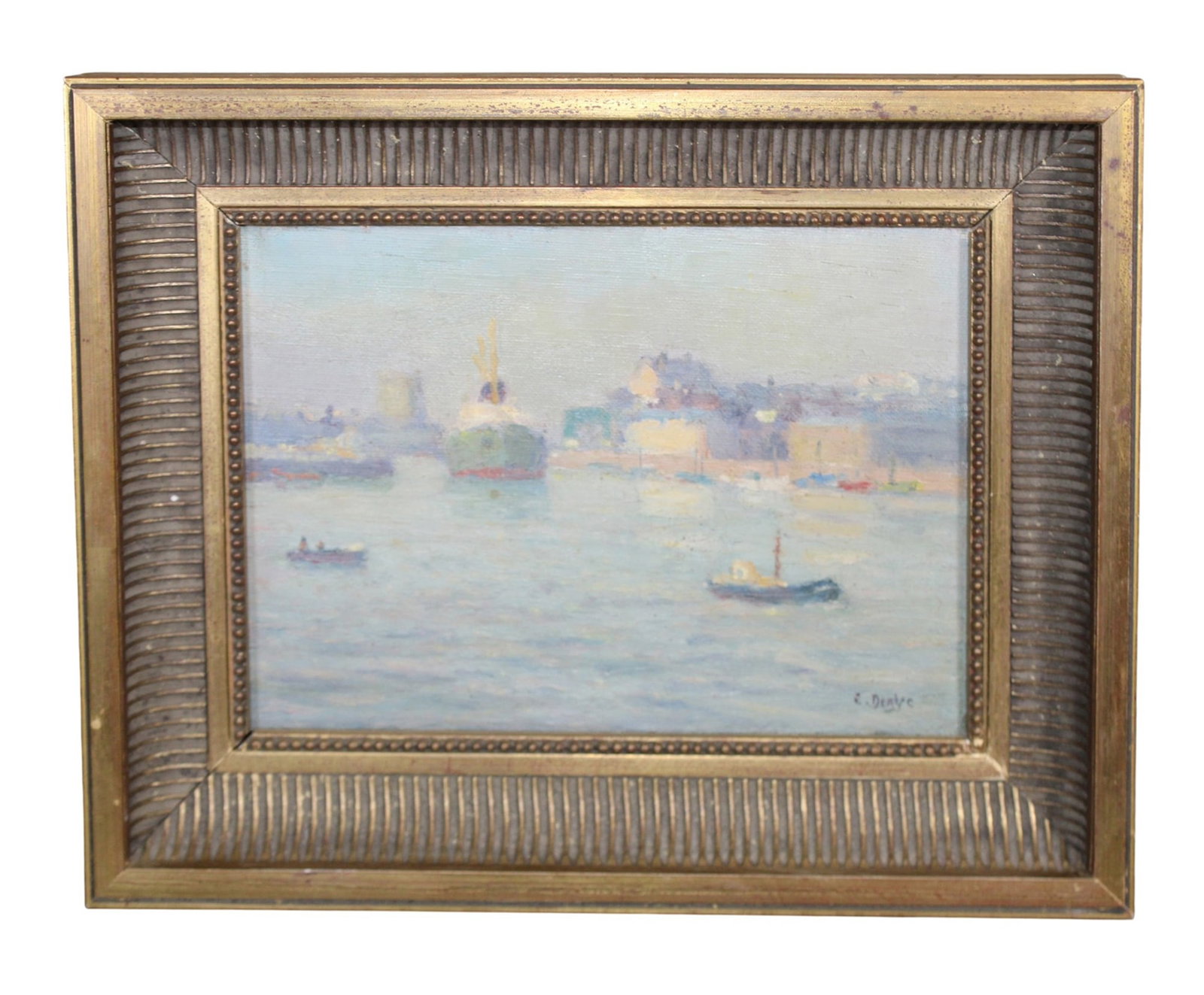 French oil on canvas painting seascape with harbor (1 of 6)