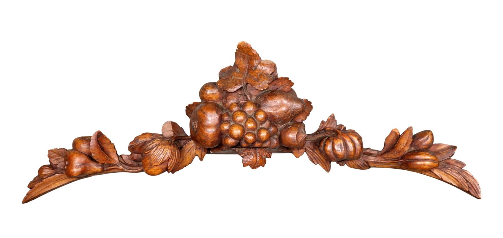 French relief carved oak overdoor crest with fruit and foliate carvings: French relief carved oak overdoor crest with fruit and foliate carvings. Late 19th century. 10"h x 29"w x 6"d. Weight: 5lbs