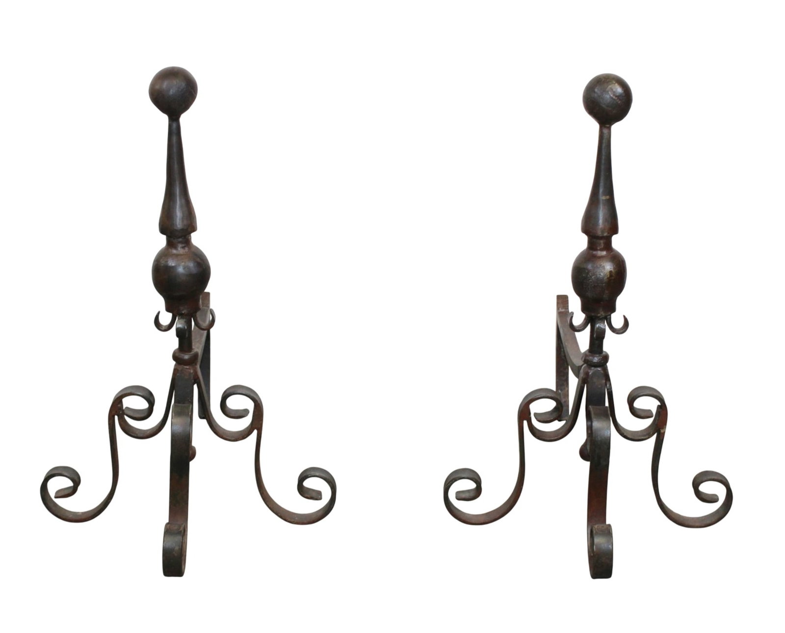 Jan Barboglio scrolled iron andirons: Jan Barboglio scrolled iron andirons. Modern. 24"h x 16"w x 25"d