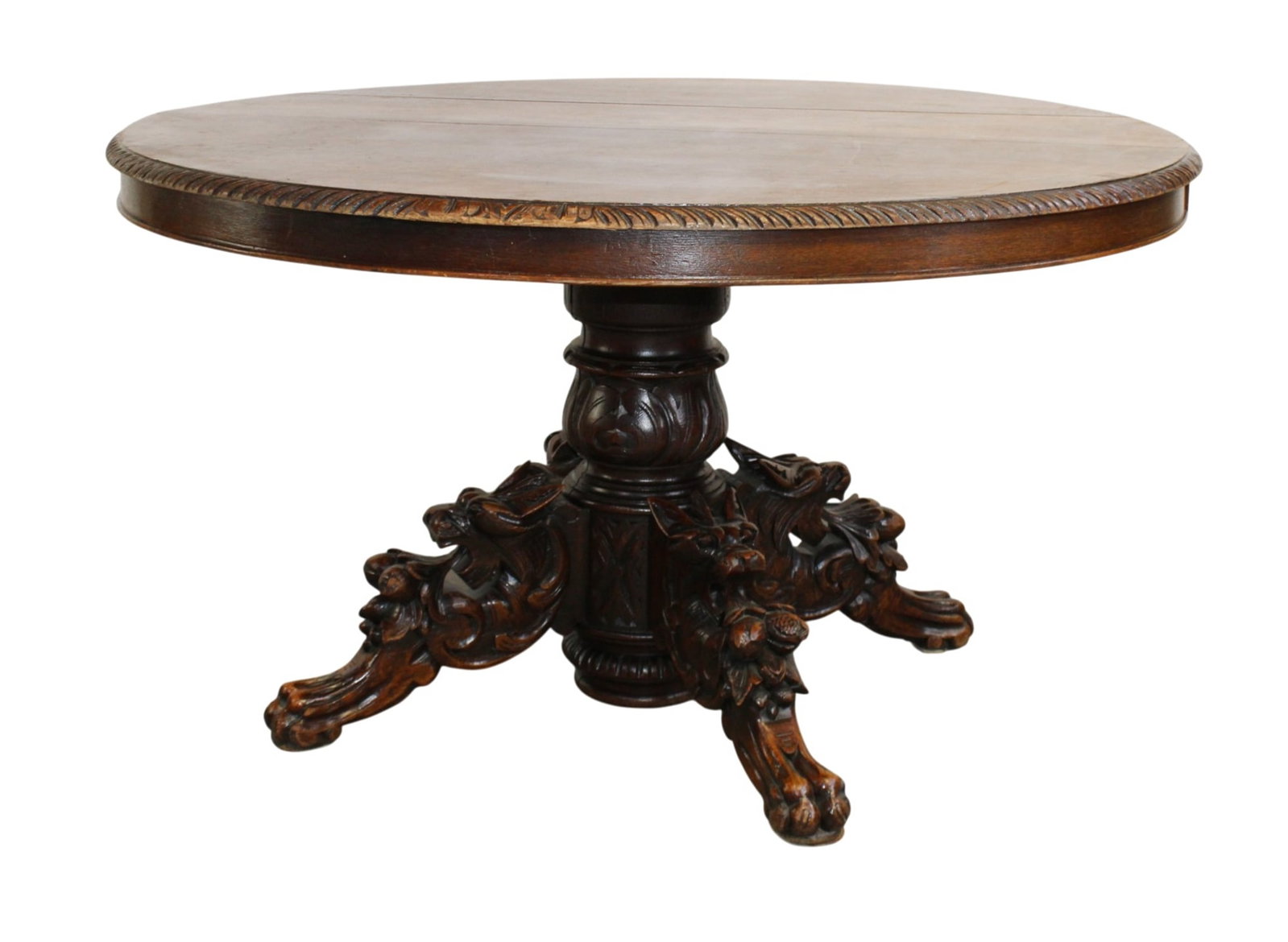French pedestal base oval table in oak with carved griffin base (1 of 10)