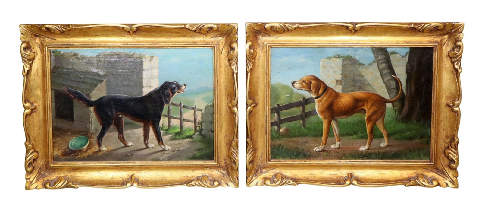 Pair of French oil on board pastoral paintings of farm dogs: Pair of French oil on board pastoral paintings of farm dogs. In gilt frames - unsigned. Late 19th century. Framed: 13"h x 16 1/8"w Sight: 9"h x 12 1/8:w Weight: 2lbs total
