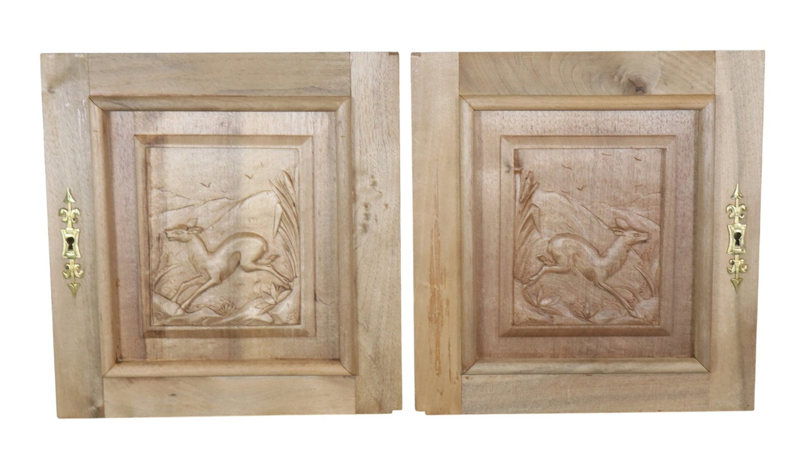 Pair of French relief carved walnut panels with deer: Pair of French relief carved walnut panels with deer. Early 20th century. 15"h x 14 1/4"w Weight: 5lbs total