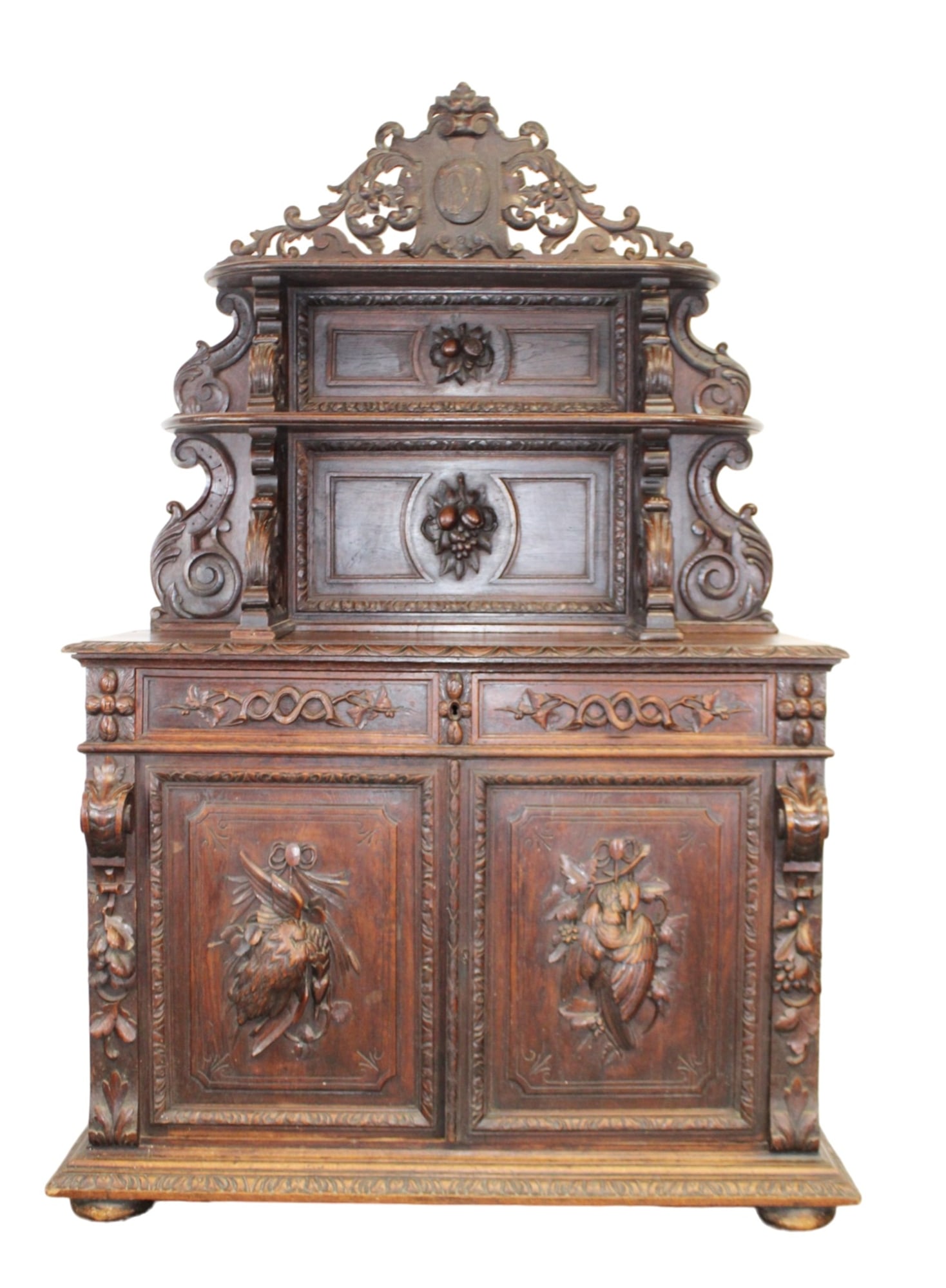 French hunt motif buffet St Hubert in oak with relief carved game on doors: French hunt motif buffet St Hubert in oak with relief carved game on doors. Late 19th century. 84"h x 58"w x 22 1/3"d