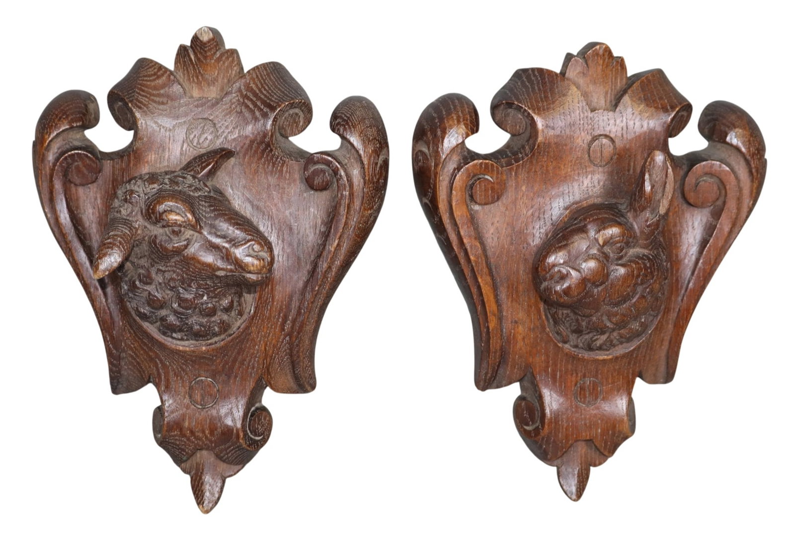 Pair of French Black Forest carved oak plaques with lamb and rabbit heads (1 of 7)