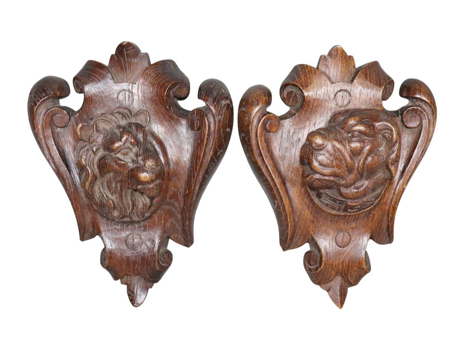 Pair of French Black Forest carved oak plaques depicting a lion head and St Bernard head (1 of 7)