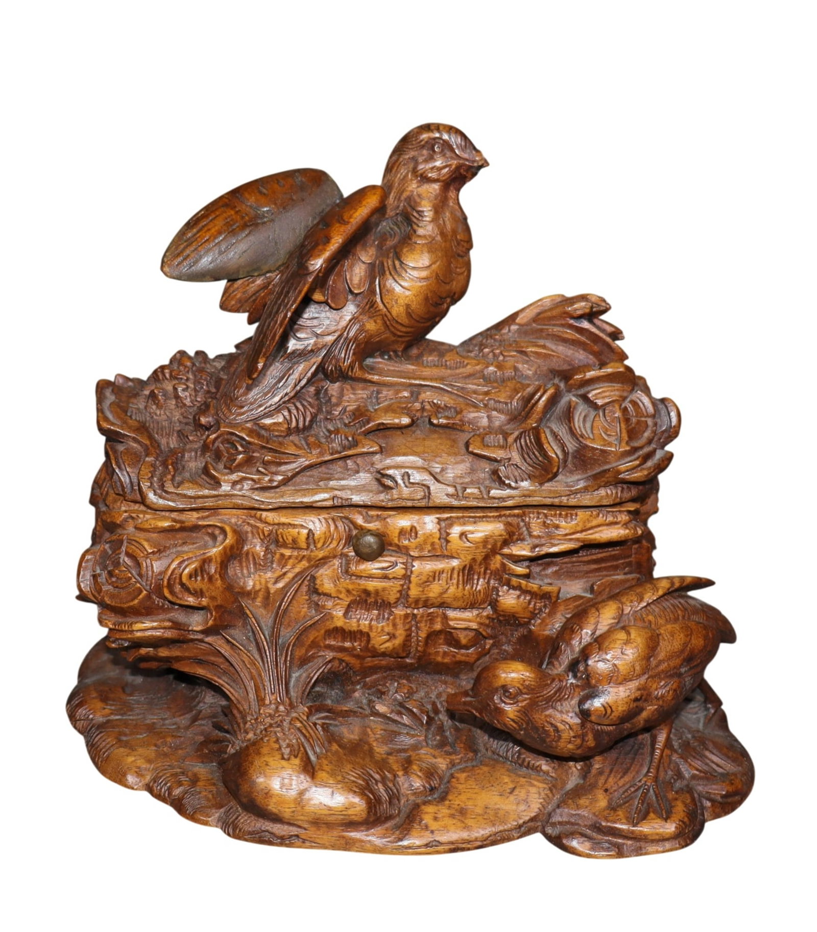 Carved walnut Black Forest dresser box in the form of a log surrounded by foliage and 2 birds (1 of 9)