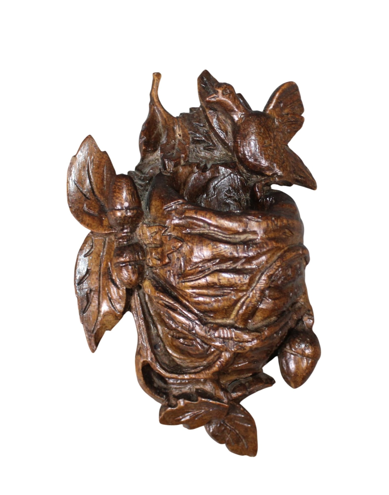 Black Forest miniature carved walnut wall mount match holder with bird on nest (1 of 5)