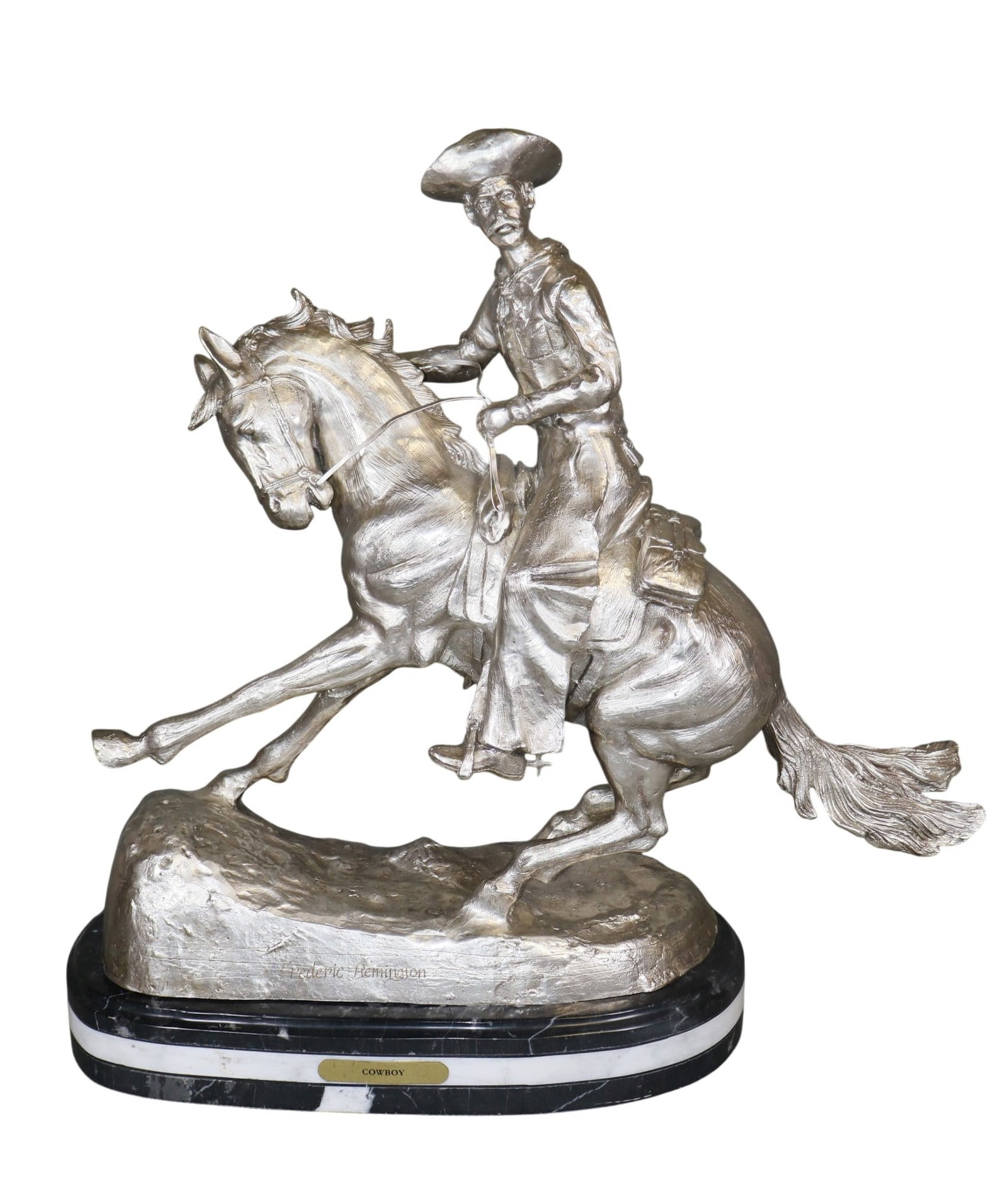 Silver over bonze sculpture after Frederic Remington " Cowboy" mounted on marble base (1 of 8)
