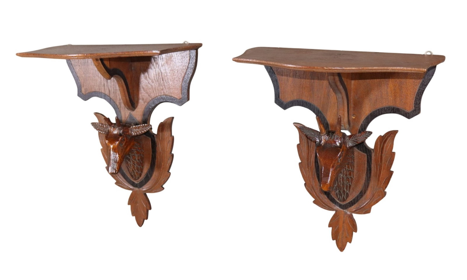 Pair of relief carved wall shelves with deer head mounts (1 of 11)