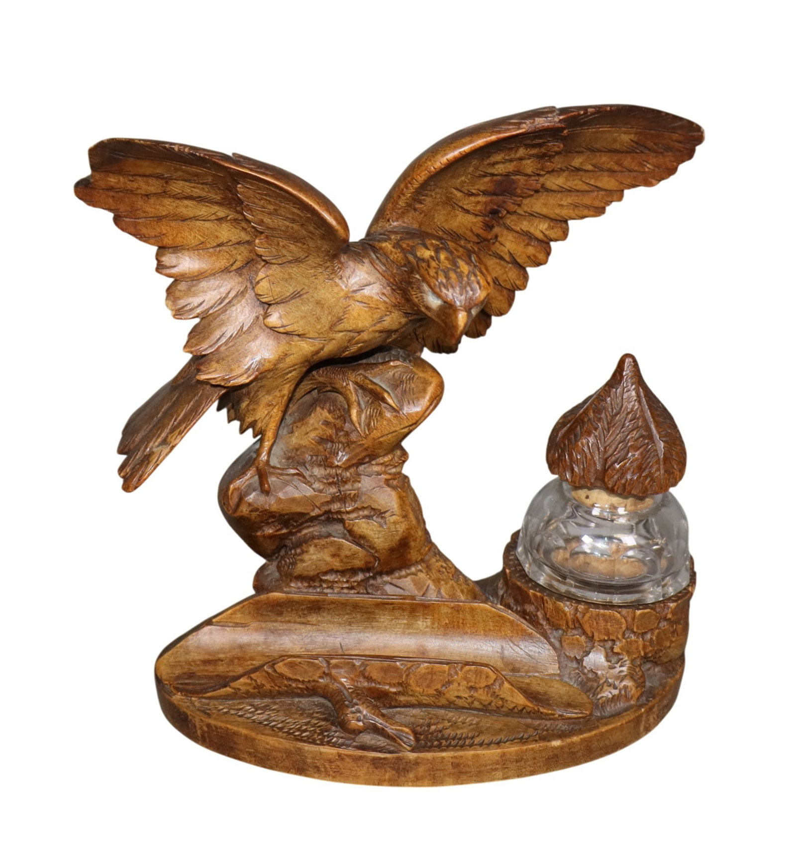 Carved walnut Black Forest inkwell and pen holder with an eagle perched on a rock (1 of 8)