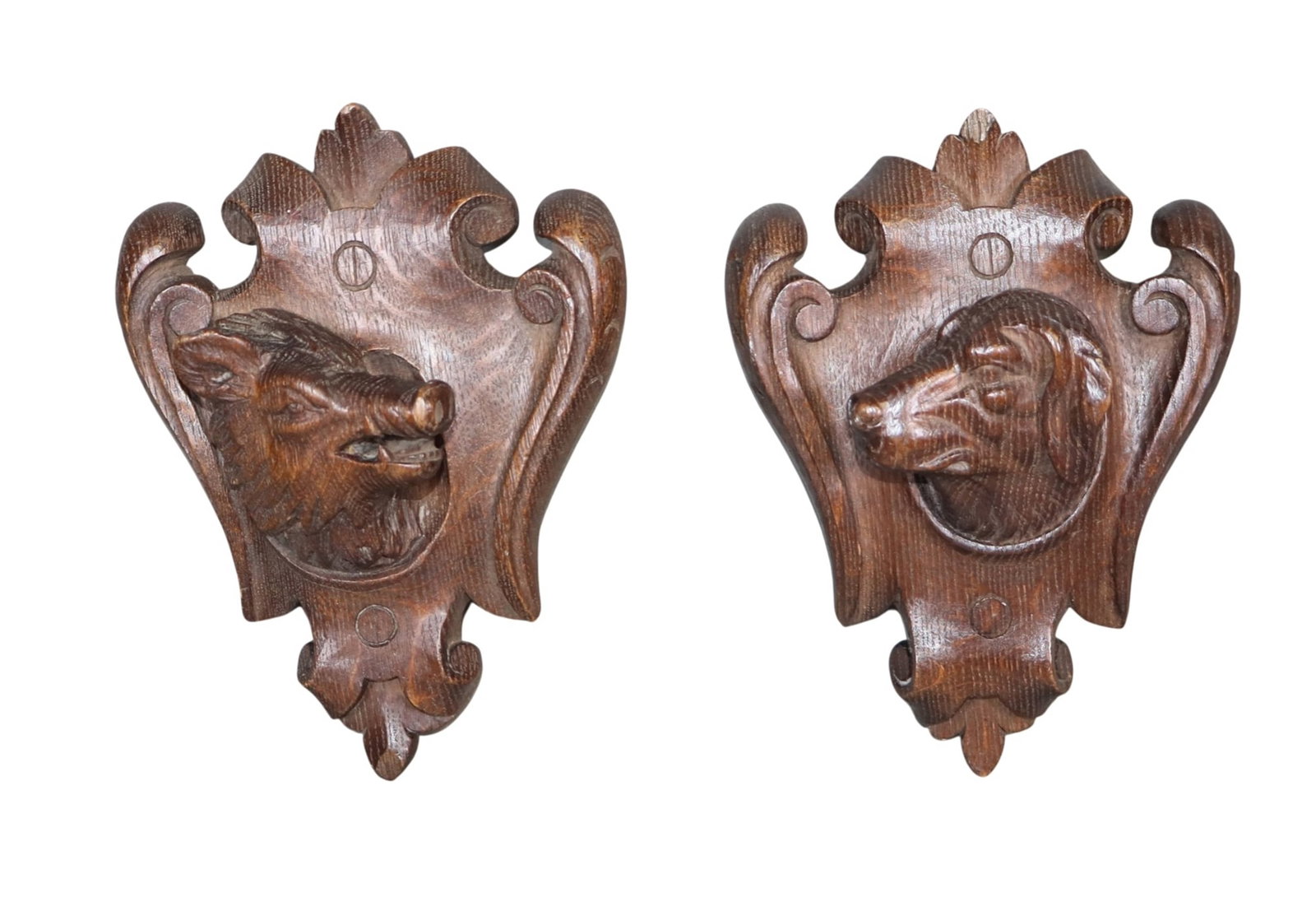 Pair of French Black Forest carved oak plaques with hunting dog head and wild boar head (1 of 7)