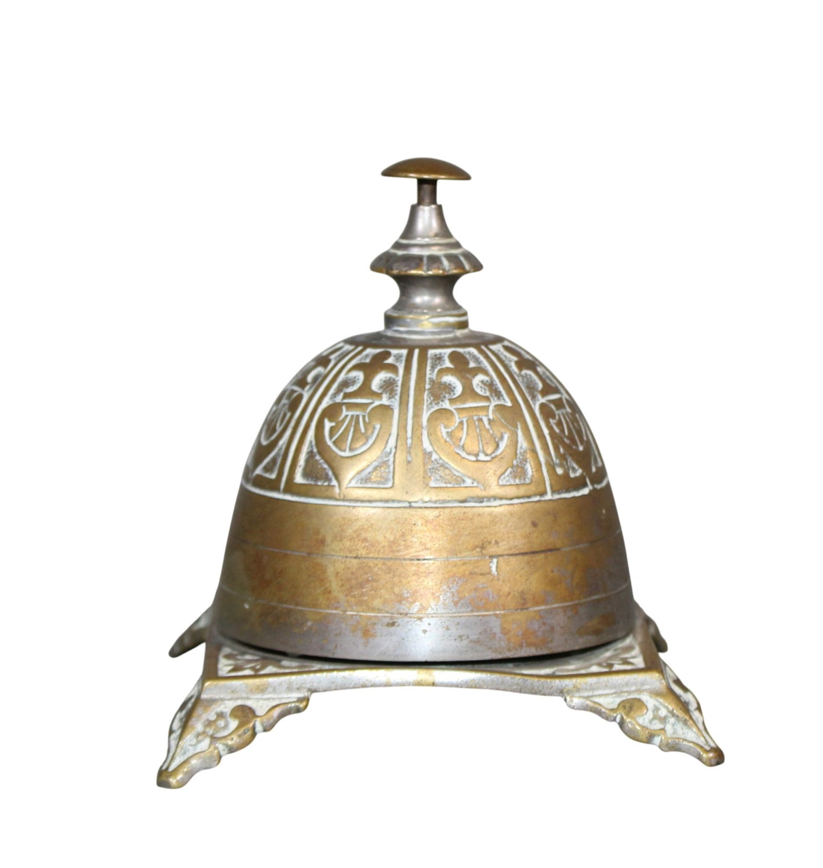 French patinated metal hotel bell.: French patinated metal hotel bell. Early 20th century. 3 7/8"h x 3 5/8"w x 3 1/2"d Weight: 1lb
