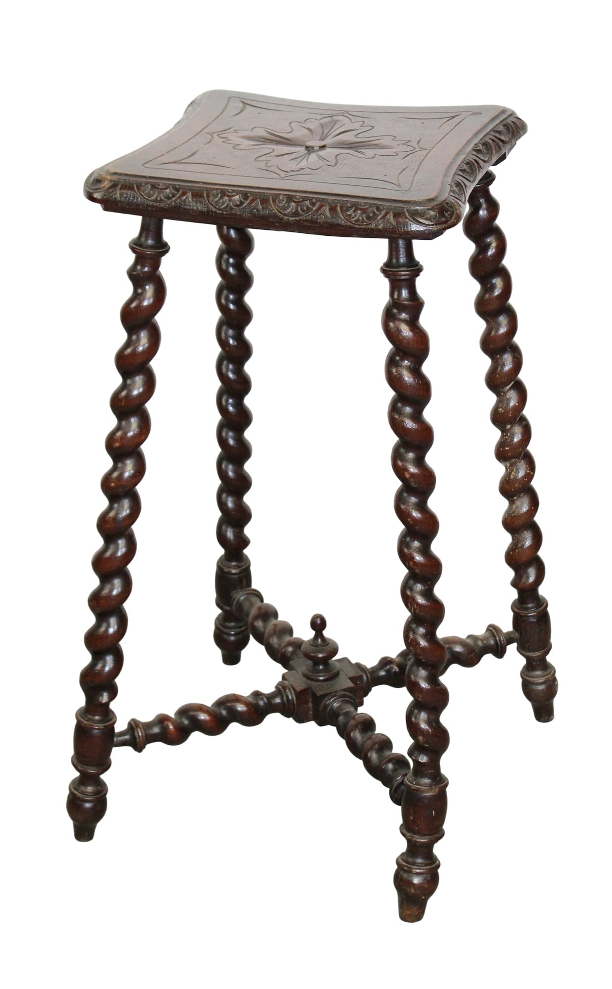 French tall oak stool with barley twist legs and cross stretcher: French tall oak stool with barley twist legs and cross stretcher. Late 19th century. 26 1/2"h x 14"sq
