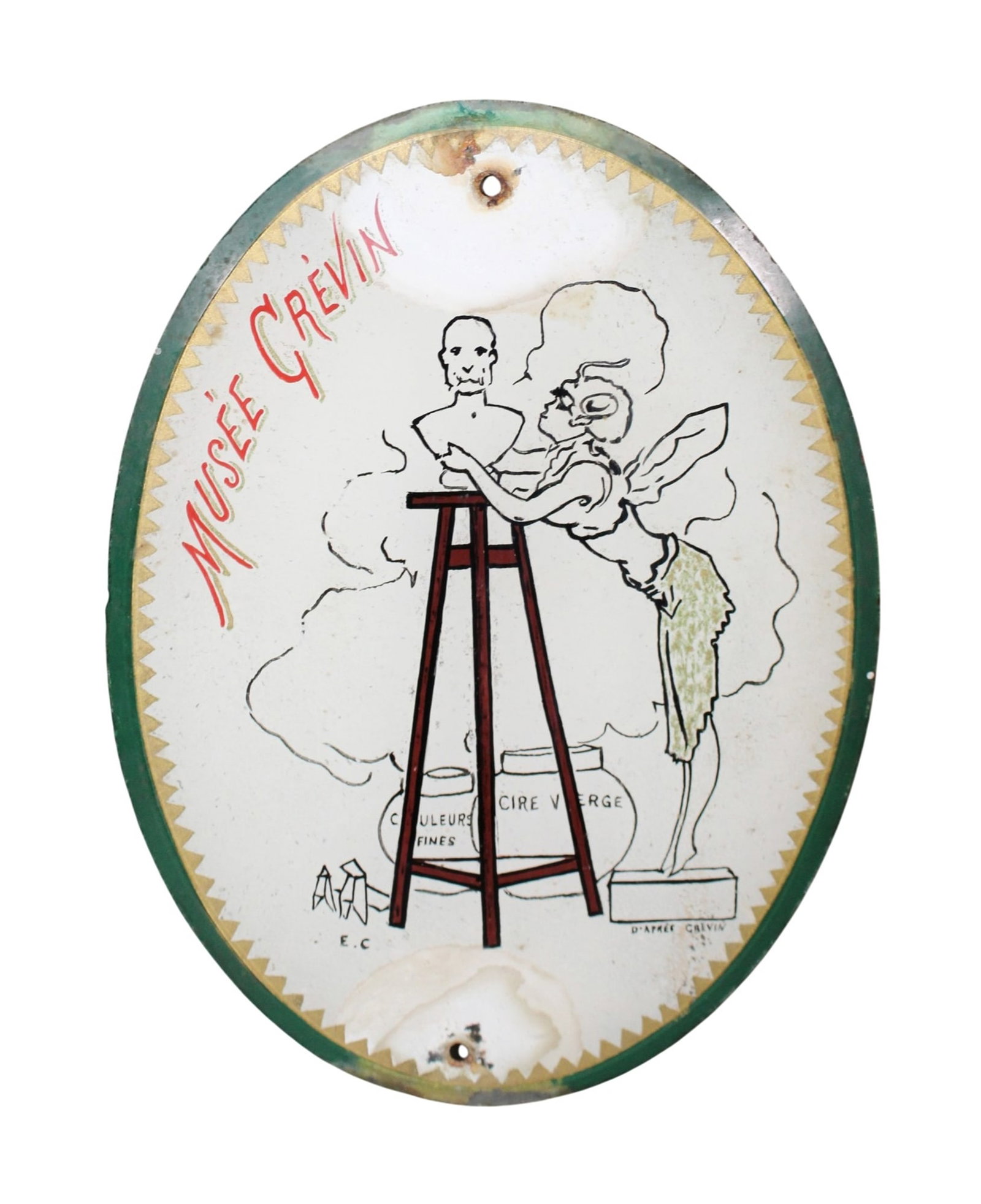 Miniature French Adolphe Willette Musee Grevin painted caricature illustration souvenir plaque: Miniature French Adolphe Willette painted caricature illustration souvenir plaque for Musee Grevin (Wax Museum, Paris Montmartre). Paper adhered to glass. Early 20th century, 8 1/4"h x 6"w. Weight: <1
