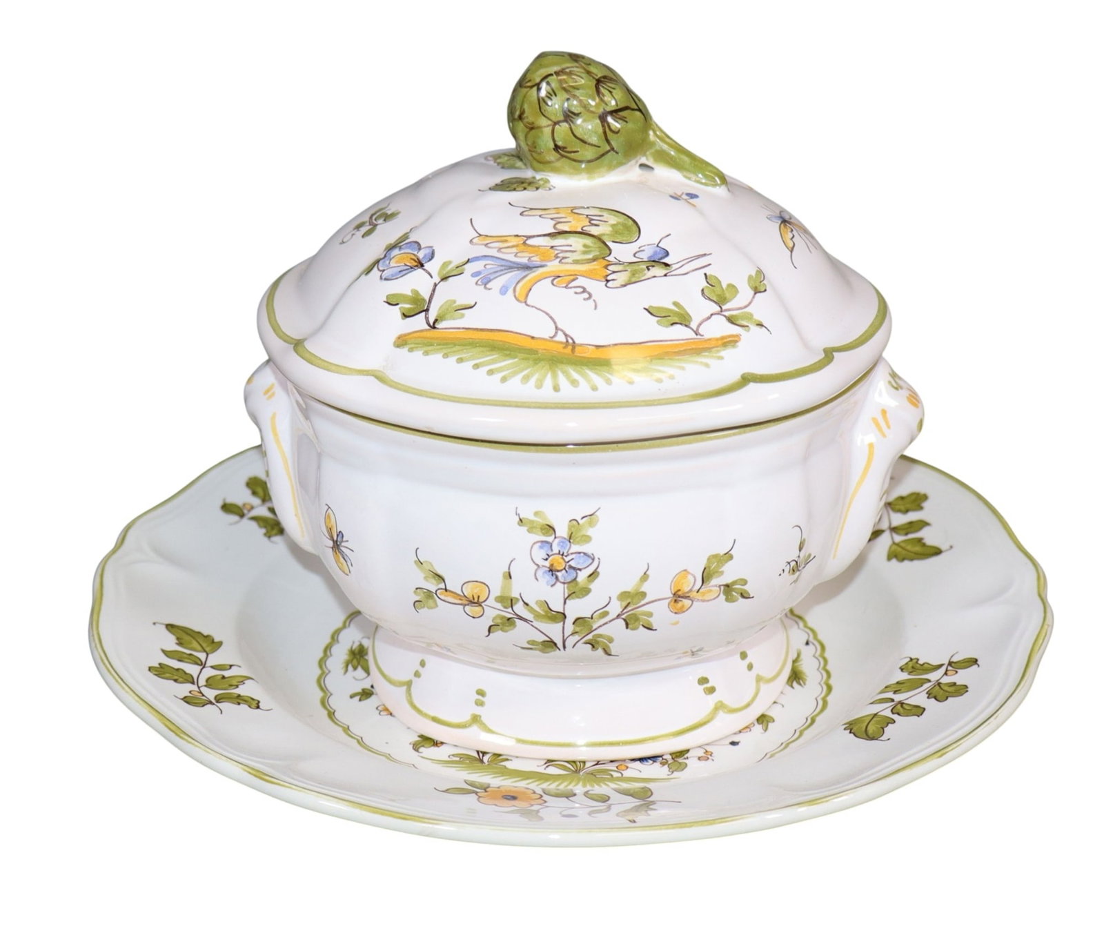 French Moustiers Faience soup tureen with artichoke handle and under plate (1 of 13)