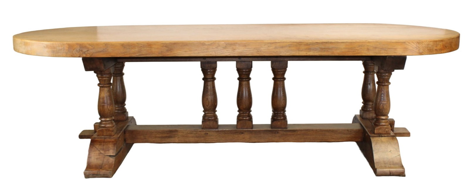 French oval top oak dining table turned column base: French oval top 3.5" thick oak top dining table on turned column base