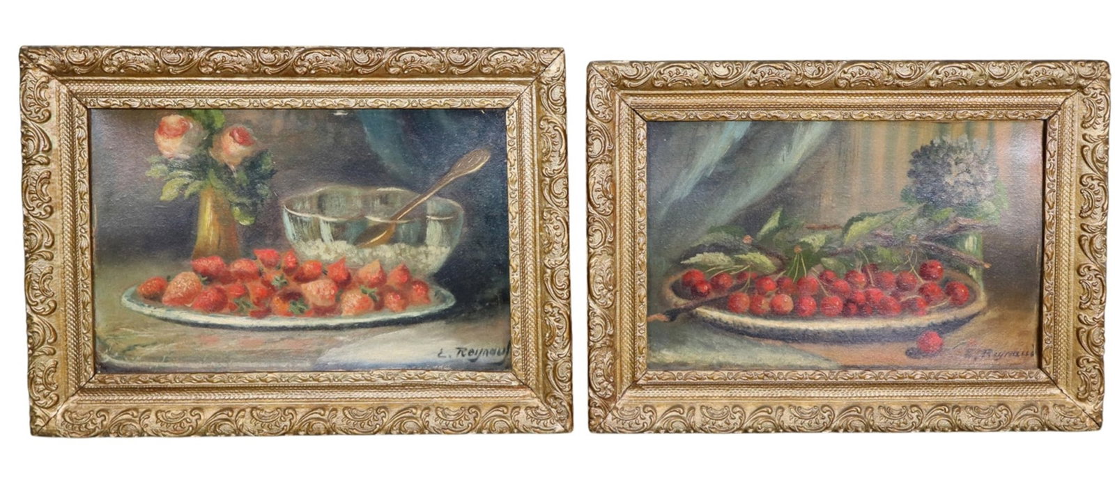 Pair of French oil on board still life paintings of fruits - Strawberries and cherries (1 of 10)