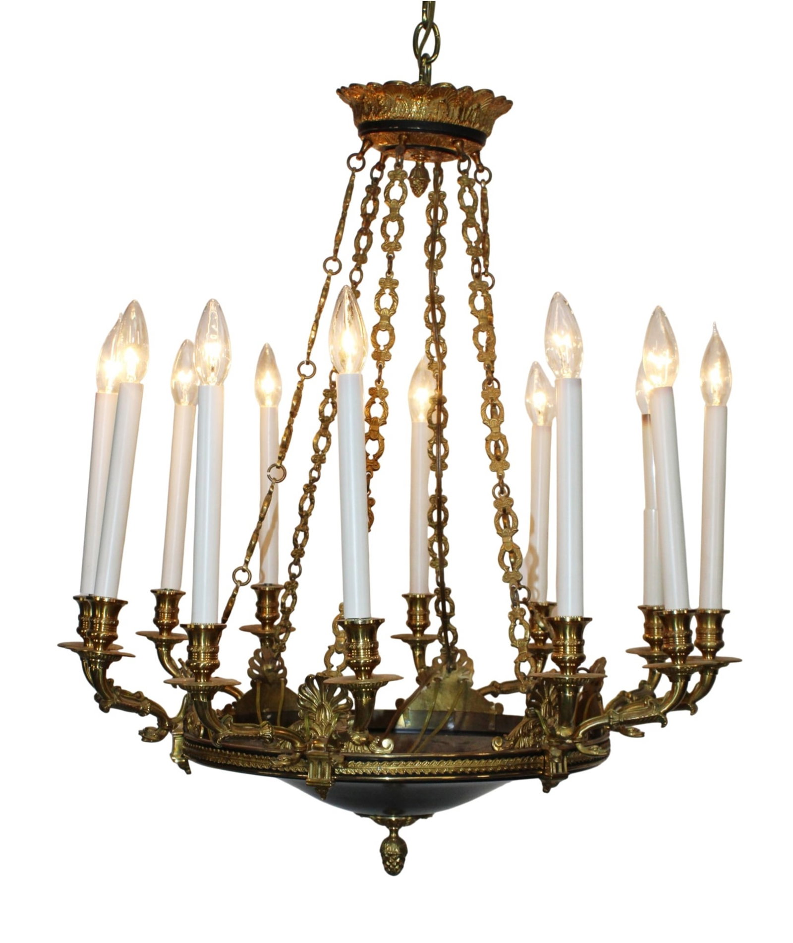 French Empire style 12-light chandelier in bronze with tole dome (1 of 9)