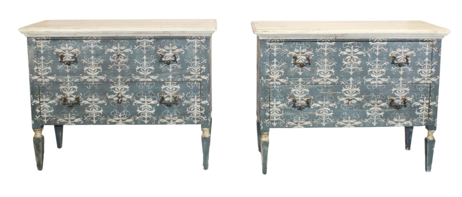 Pair of Italian painted pine 2 drawer commodes: Pair of Italian painted pine 2 drawer commodes on legs. 21st century. 37"h x 48"w x 21 1/2"d