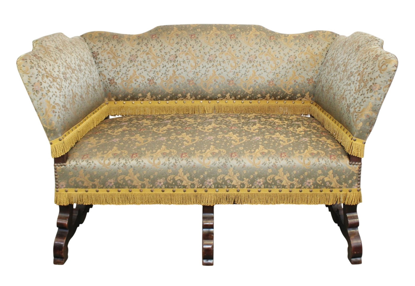 French Louis XIV style settee with patterned upholstery and decorative fringe trim (1 of 10)