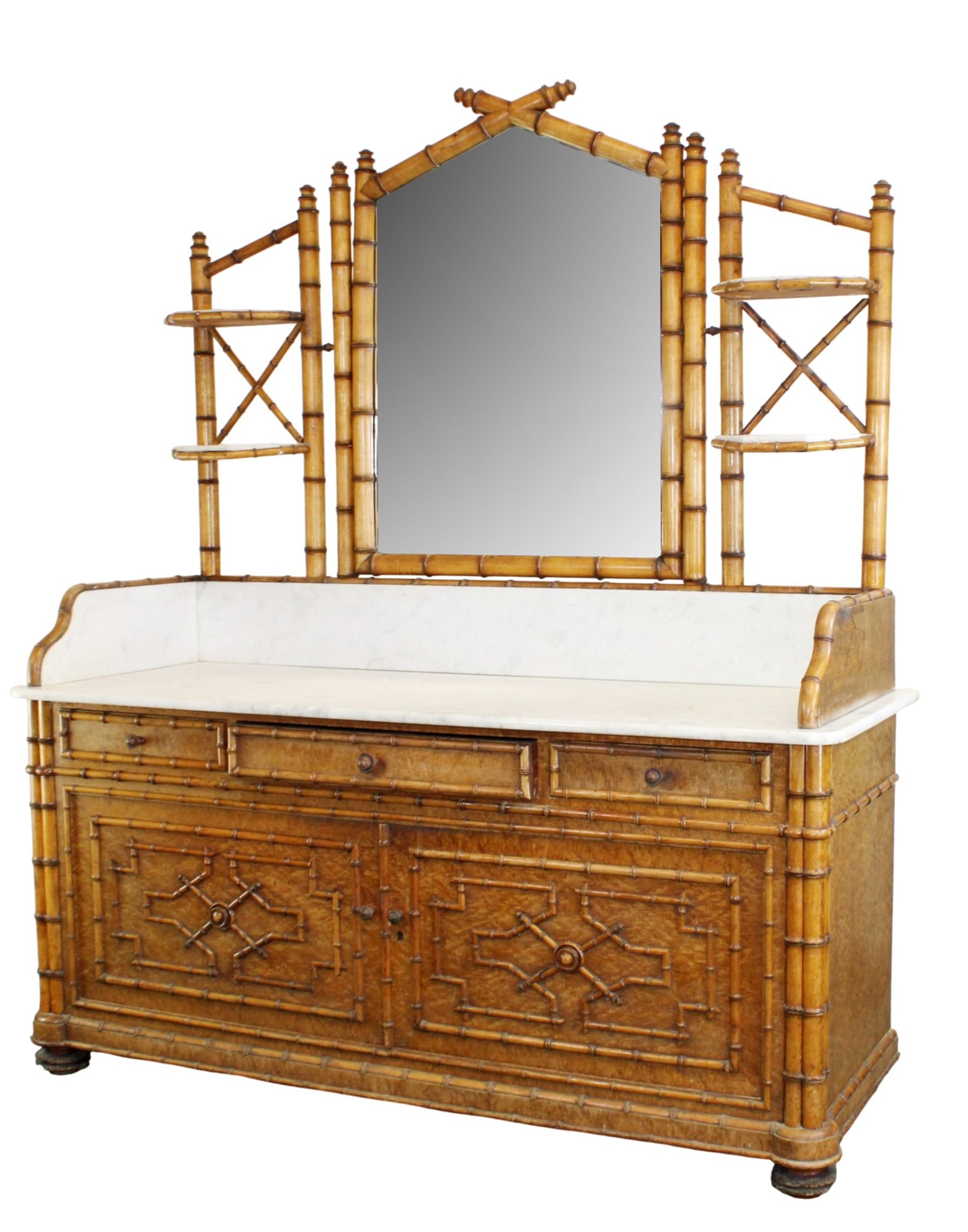 French faux bamboo coiffeuse commode in birds eye maple with marble top and beveled mirror: French faux bamboo coiffeuse commode in birds eye maple with marble top and beveled mirror. Early 20th century. 81"h x 66 1/2"w x 23 1/2"d