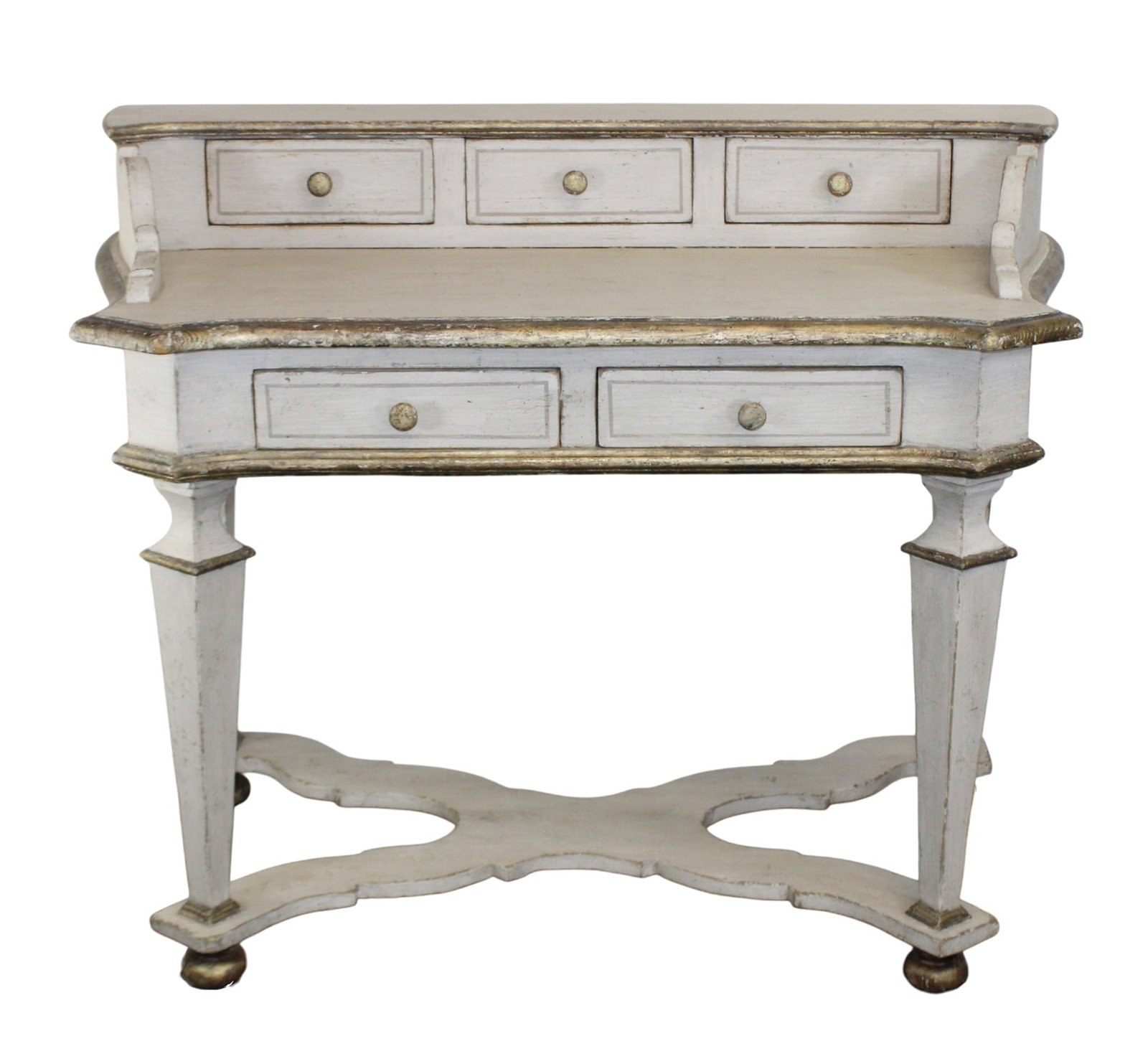 Italian writing desk in painted pine with shaped stretcher: Italian writing desk in painted pine with shaped stretcher. 39"h x 50 1/2"w x 28"d