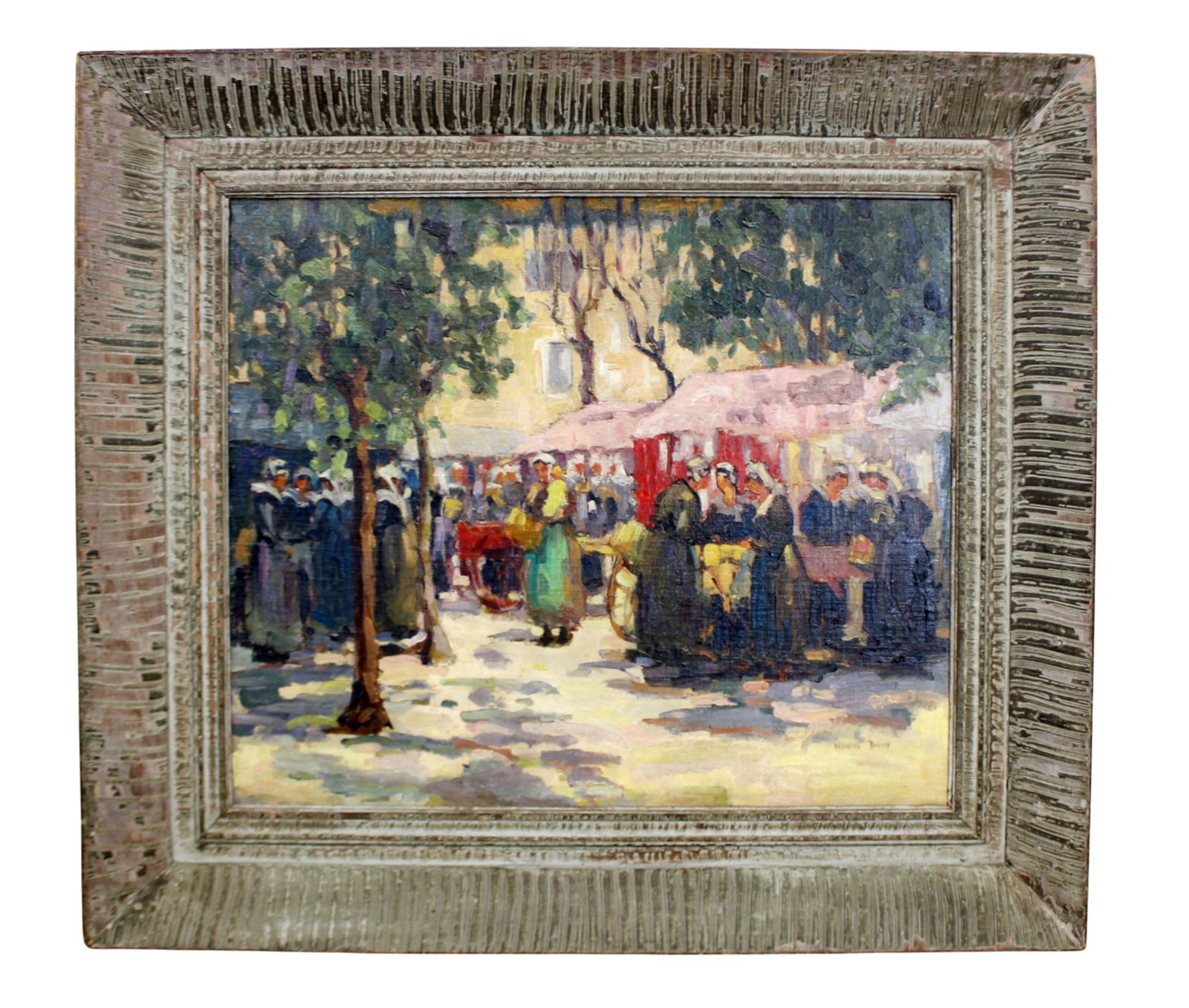 Willafred Verry "Markets of Brittany" oil on canvas painting: Willafred Berry (American 20th Century) "Markets of Brittany" oil on canvas painting. 19 1/2"h x 23 1/2"w Overall size 29"h x 33 1/2"w