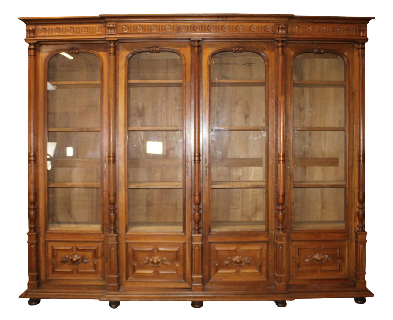French Neoclassical 4 door bookcase in walnut with fluted columns (1 of 13)
