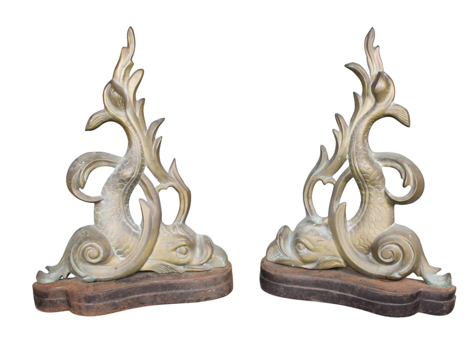 Pair of bronze dolphin andirons on iron base (1 of 9)