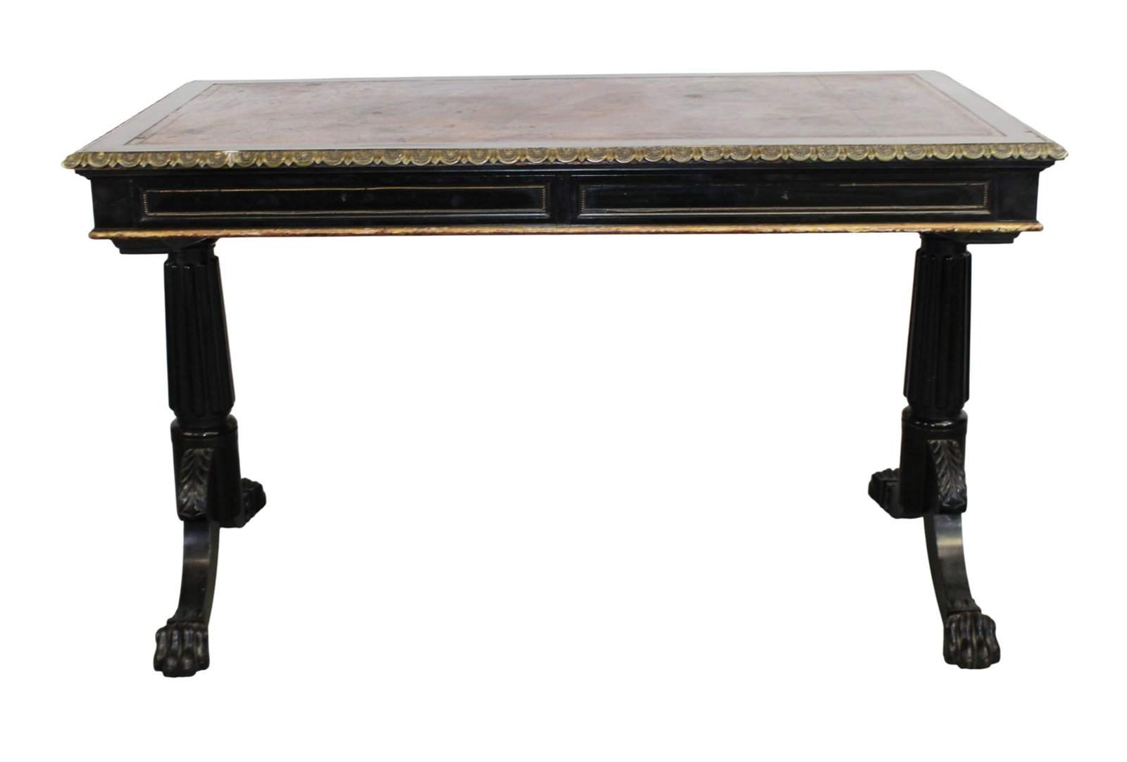 English Regency bureau plat desk in black lacquered finish with bronze mounts (1 of 10)