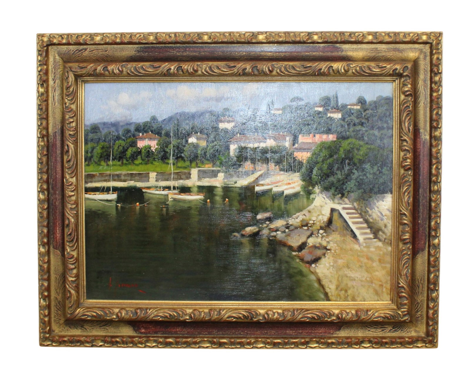 Antonio Sannino oil on canvas painting depicting Lake Como: Antonio Sannino oil on canvas painting depicting Lake Como. Signed lower left. Modern. sight size 19 1/4"h x 27"w. Overall framed size 29"h x 36 1/4"w
