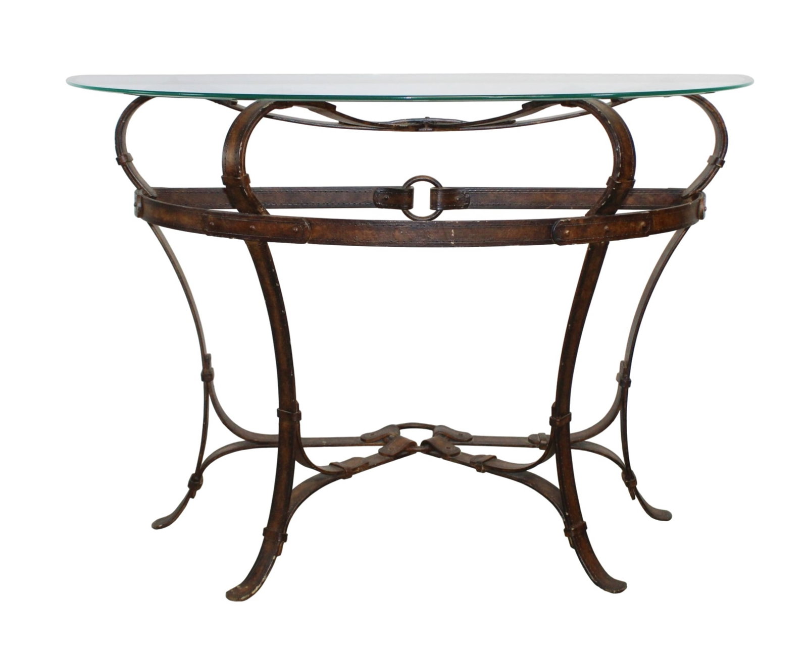 Jacques Adnet style faux leather iron and glass demi lune console table (1 of 13)