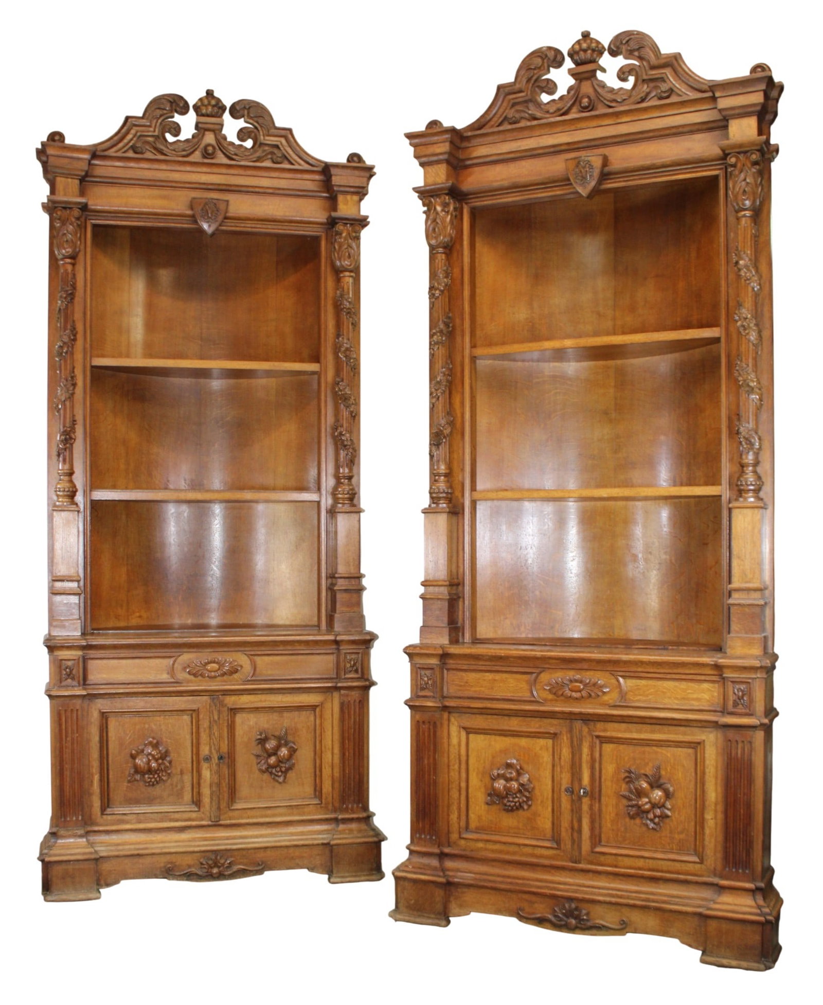 Pair of French corner cabinets in oak with open shelves, fluted columns, floral garland, and shield (1 of 12)