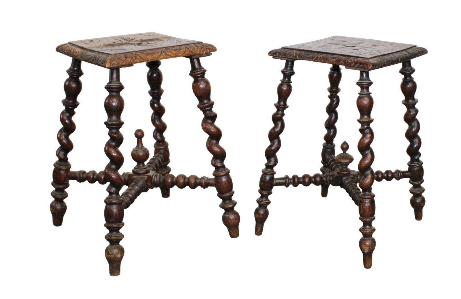 Companion pair of French Louis XIII carved oak stools (1 of 8)