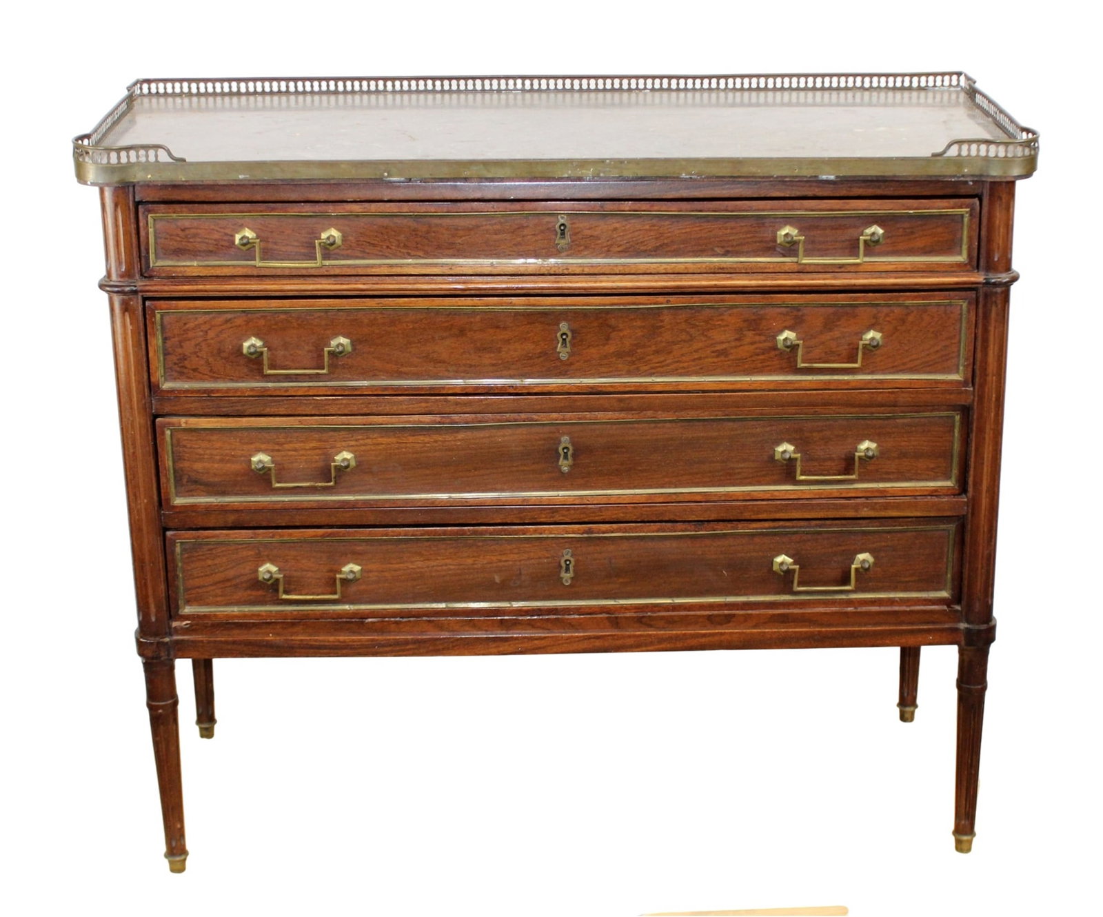 French Louis XVI style commode in walnut with marble top and brass gallery (1 of 8)
