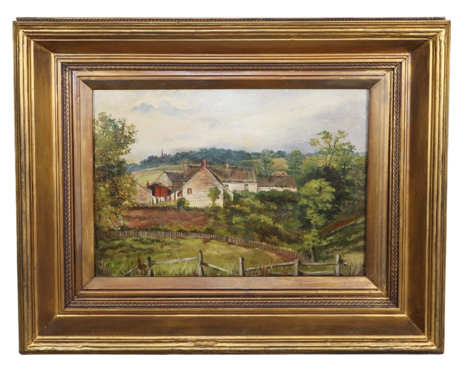 Oil on canvas painting landscape with farmhouse: Oil on canvas painting landscape with farmhouse. Apparently unsigned. Early 20th century. Overall: 18 3/8"h x 22 1/2"w Sight: 10 1/2"h x 14 5/8"w Weight: 7lbs