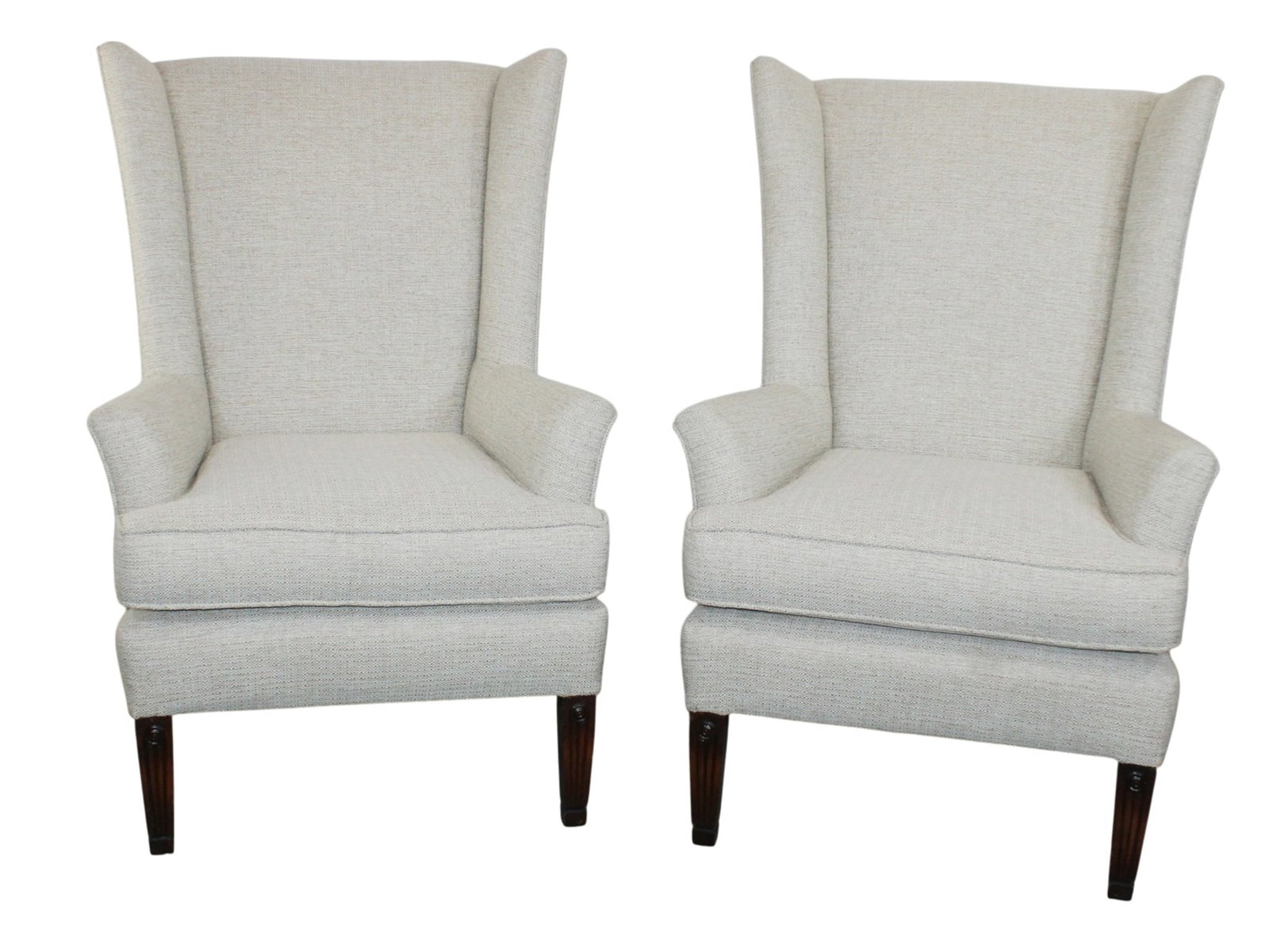 Pair of tweed upholstered wing back armchairs: Pair of tweed upholstered wing back armchairs. 42 1/2"h x 28"w x 26"d, seat height 20"